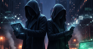 ফিচার ইমেজ যা বাংলাদেশের যুগল আন্তর্জাতিক পর্ন তারকা হিসেবে অনলাইন কর্মকাণ্ড এবং গোপনীয়তা প্রদর্শন করছে, যেখানে ফোন, ল্যাপটপ এবং সোশ্যাল মিডিয়া আইকন রয়েছে, কোনো লেখা বা অশ্লীলতা নেই।