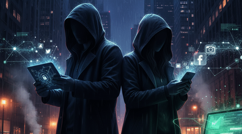 ফিচার ইমেজ যা বাংলাদেশের যুগল আন্তর্জাতিক পর্ন তারকা হিসেবে অনলাইন কর্মকাণ্ড এবং গোপনীয়তা প্রদর্শন করছে, যেখানে ফোন, ল্যাপটপ এবং সোশ্যাল মিডিয়া আইকন রয়েছে, কোনো লেখা বা অশ্লীলতা নেই।