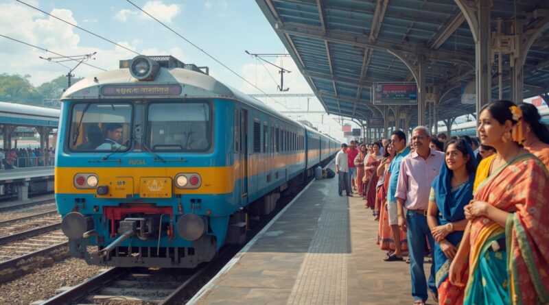 ঢাকা–নারায়ণগঞ্জ রুটে চলাচলকারী কমিউটার ট্রেনের প্ল্যাটফর্মে অপেক্ষমান যাত্রীদের ছবি